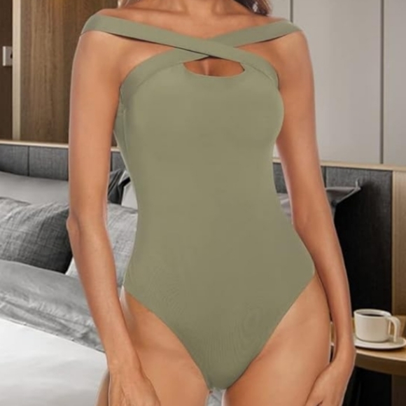 Criss Cross Halter Neck Thong Bodysuit - Picture 1 of 5